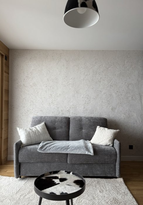 Salon d'appartement rénové : mur en enduit décoratif clair, canapé gris et parquet chêne
