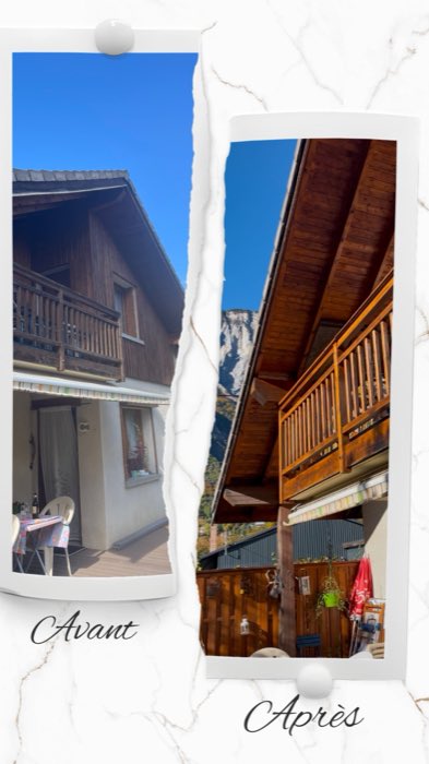 Façade de chalet avant et après : bardage et balcon en bois entièrement relasurés