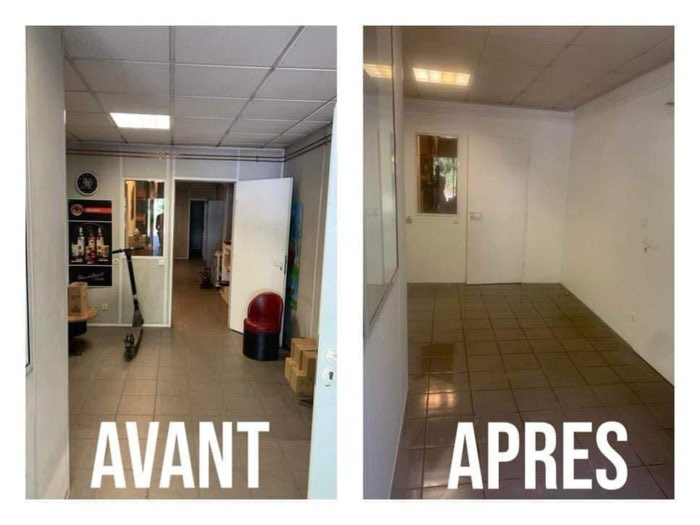 Local commercial avant et après rénovation : cloison remise à neuf, sol et peintures refaits