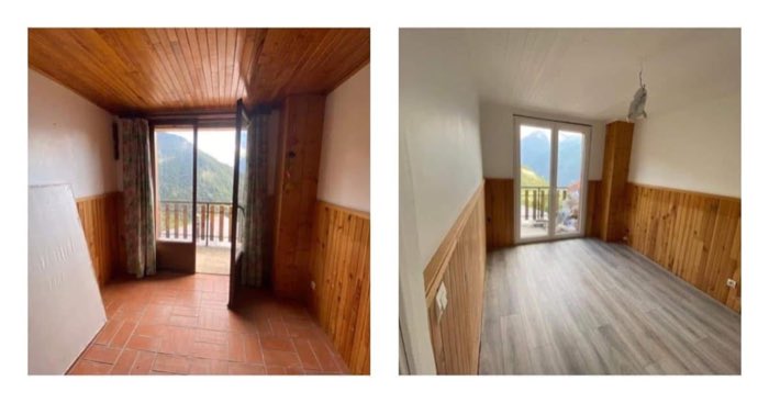 Chambre avant et après rénovation : plafond repeint en blanc et sol stratifié posé