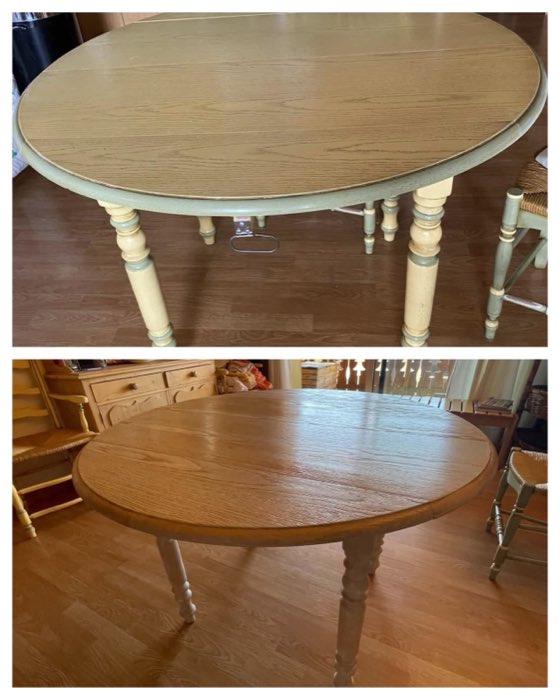 Table en bois avant et après rénovation : plateau poncé puis vernis